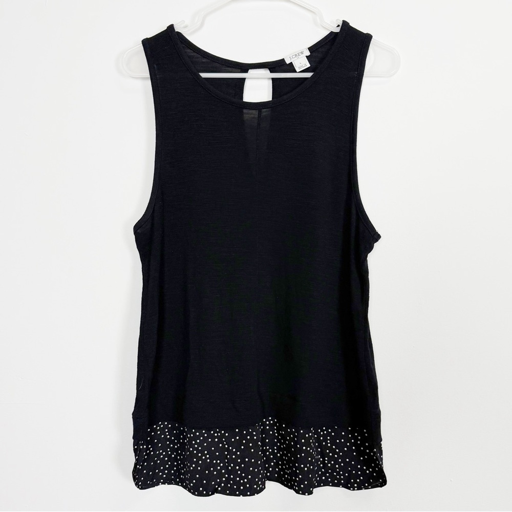 J Crew Tank Top Womens Large Black Drapey Vneck Woven Hem Polka Dot Silky Trim